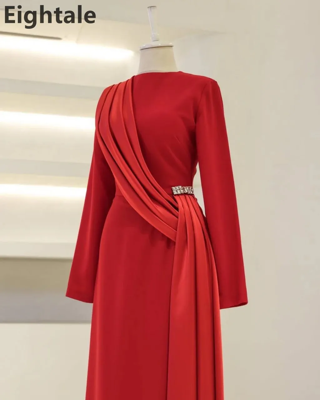 Eightale 2025 Abito da sera in raso a maniche lunghe per la festa nuziale O Collo Abito da ballo Abito da festa arabo saudita personalizzato