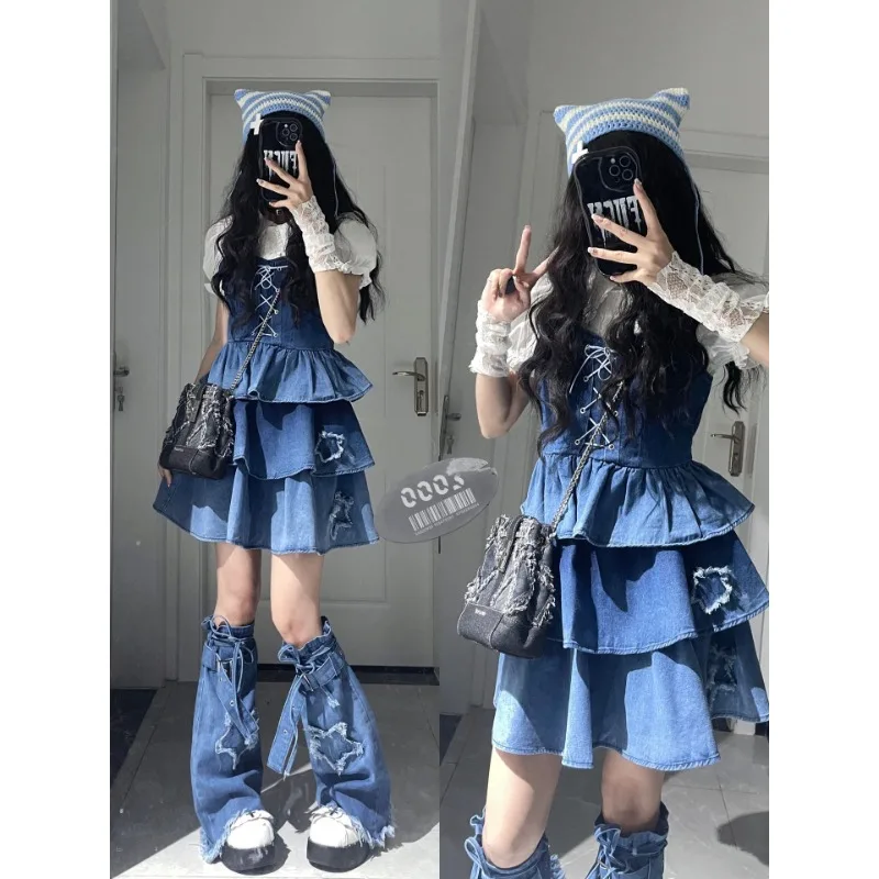 Fashion White Lace Puff Sleeve Shirt Bandage Pleated Denim Suspender Dress Women Y2k 2024 Sweet Lolita Dress Suit Plus Size