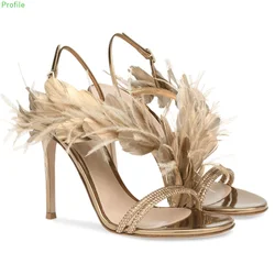 Champagne Feather banchetto tacco alto donna Stiletto nuovo arrivo pelle di pecora strass fibbia a una linea sandali Sexy donna