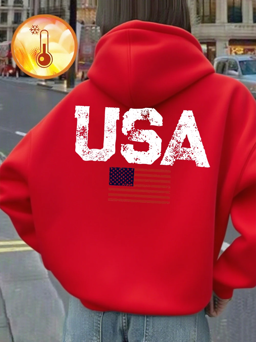 미국 국기 프린트 후드티 여성용 겨울 플리스 따뜻한 풀오버 기본 포켓 스웨트셔츠 캐주얼 루즈 여성 의류