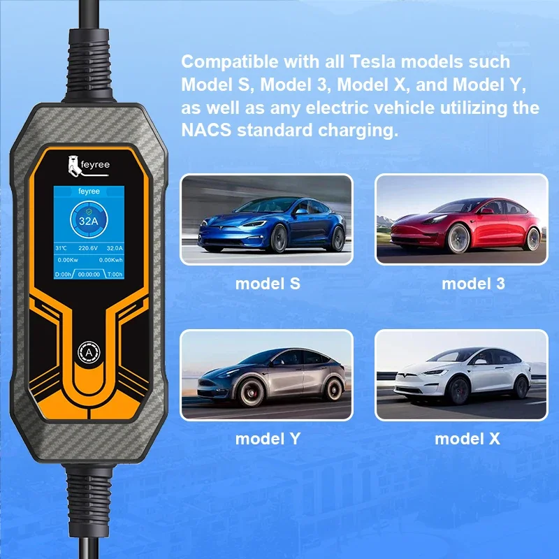 Feyree  1Phase Level 2 with 5m Cable Current  Portable EV Charger Wallbox TeslaAdjustable for All Tesla Models 3/Y/S/X 7KW 32A