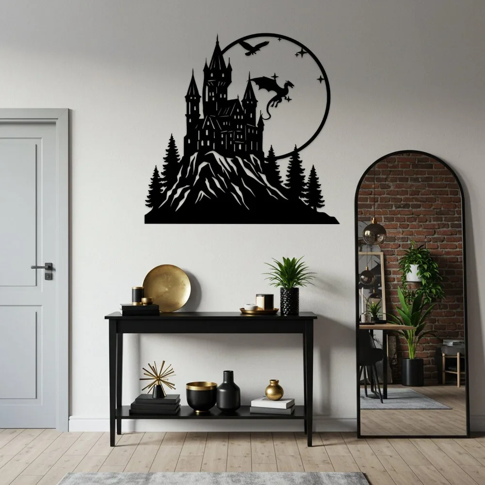 Dragon Castle Metal Wall Art, Gothic Fantasy Iron Silhouette Mural, Indoor Outdoor Wizard Room Kids Bedroom