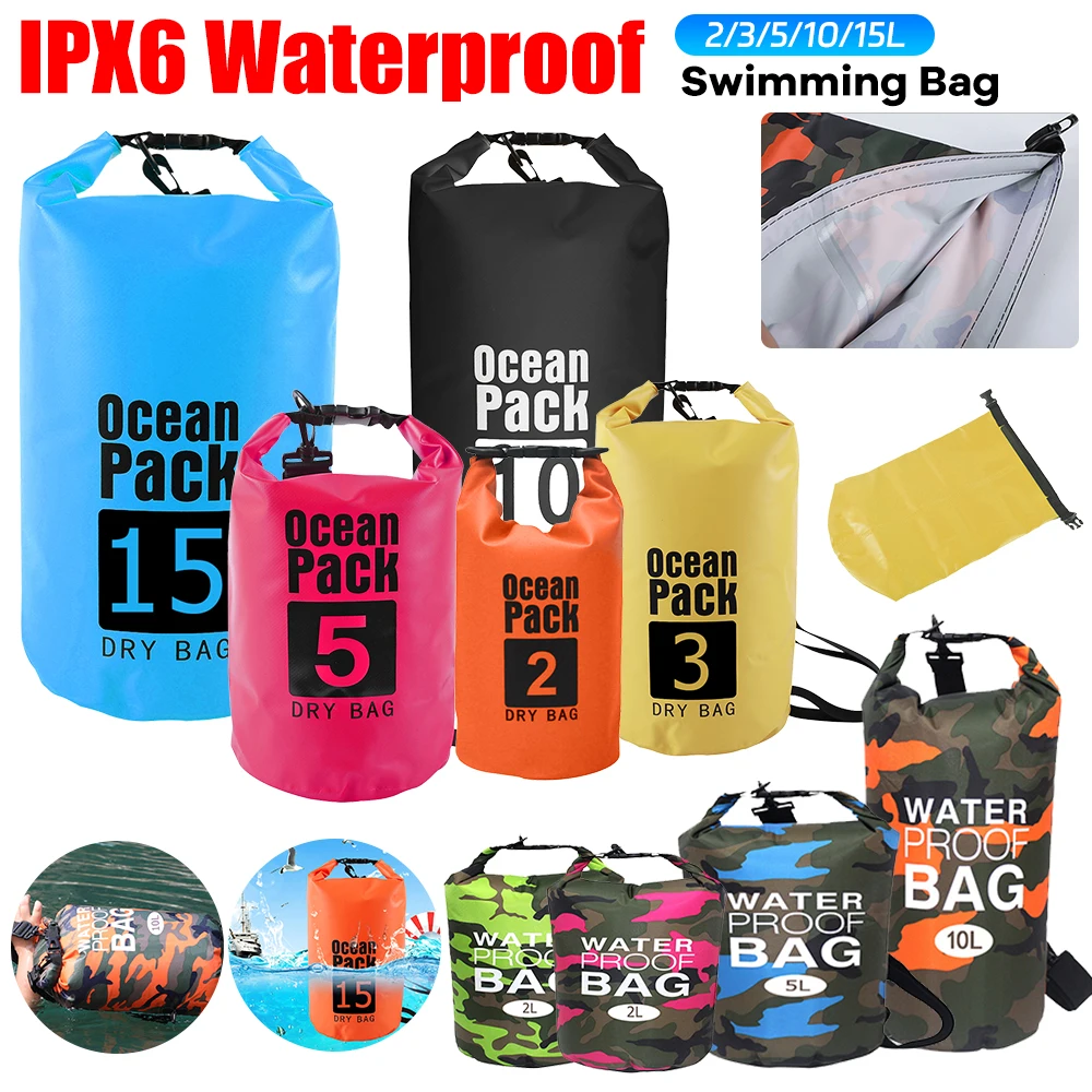 15-2L Swimming Waterproof Dry Bag Outdoor Floating Trekking Beach Backpack PVC Thickened Double-Layer Fabric IPX6 Waterproof Bag