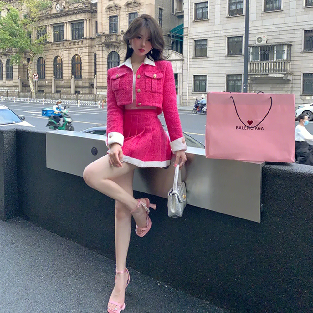 Rose Pink Elegant Slim Skirts Suit Two Piece Sets Women Fashion Tweed Short Jacket Blazer + Sexy Mini Pleated Skirt Sweet Suits