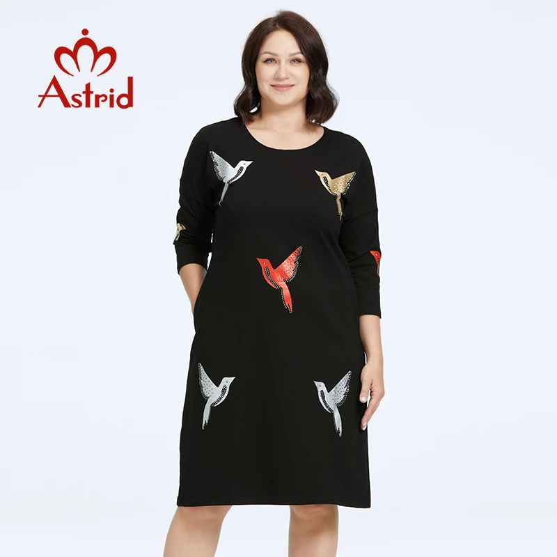 Astrid Women\'s Dresses 2023 Elegant Dress Bird Print Plus Size Office Clothes Long Sleeve Loose Dresses Female Clothing Diamonds