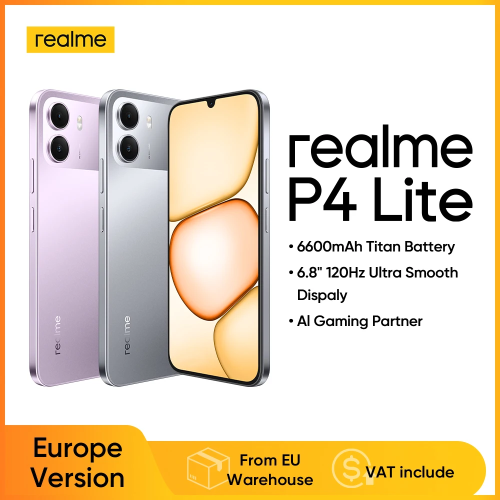 Smartphone realme P4 Lite NFC, batería mAh, pantalla LCD 6,8 pulgadas Hz, IP64, cámara 8 MP, 4 GB + 64 GB, 4 + 128 Go, carga de 15 W no incluida