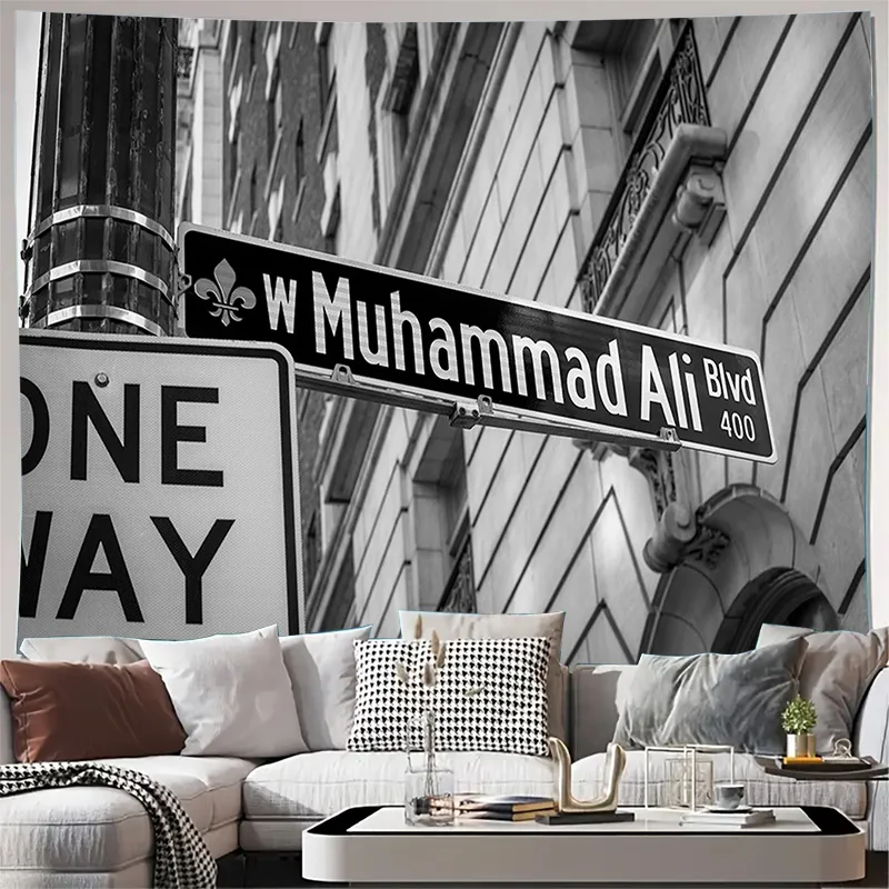 Black and White W Muhammad Ali Blvd Street Sign Tapestry Machine Washable All Season Decor Home Enhance spatial aesthetics