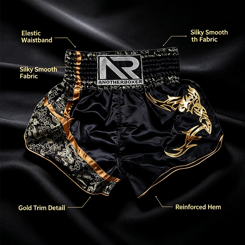 Professionelle Muay-Thai-Shorts für Herren, Damen und Kinder, Satin-Stickerei-Patches, seitlich geschlitzte Box-Kampfshorts, Kickbox-Trainingshosen