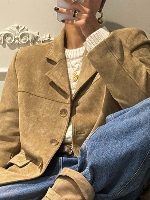 سترة نسائية كلاسيكية أنيقة من جلد الغزال فضفاضة ومتعددة الاستخدامات ذات ملمس راقي بدلة Jaet American Sle بطول عادي وزر للإغلاق