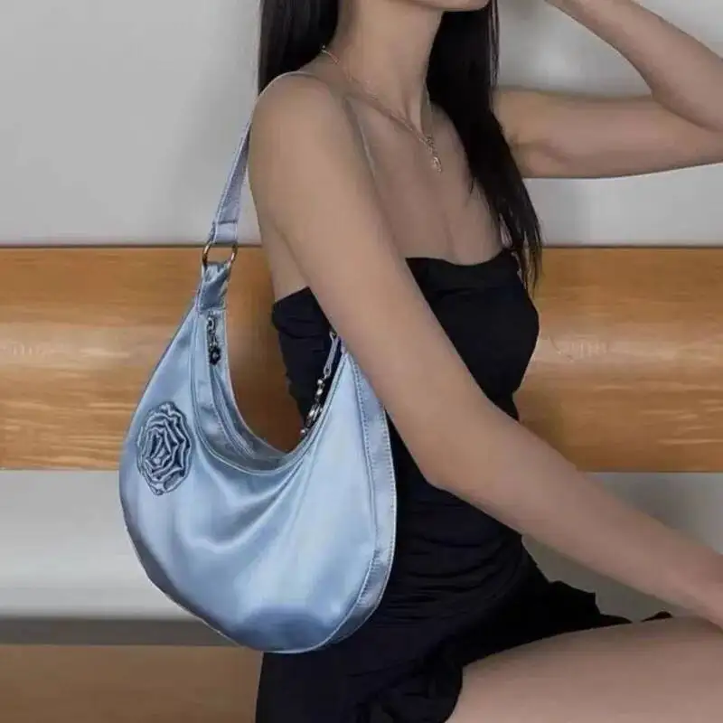 Bloom Fairy Core Y2k Women Hot Girls Silk Rose Blossoms Half Moon Shoulder Bags Handbag Female Blue Underarm Bag Purse
