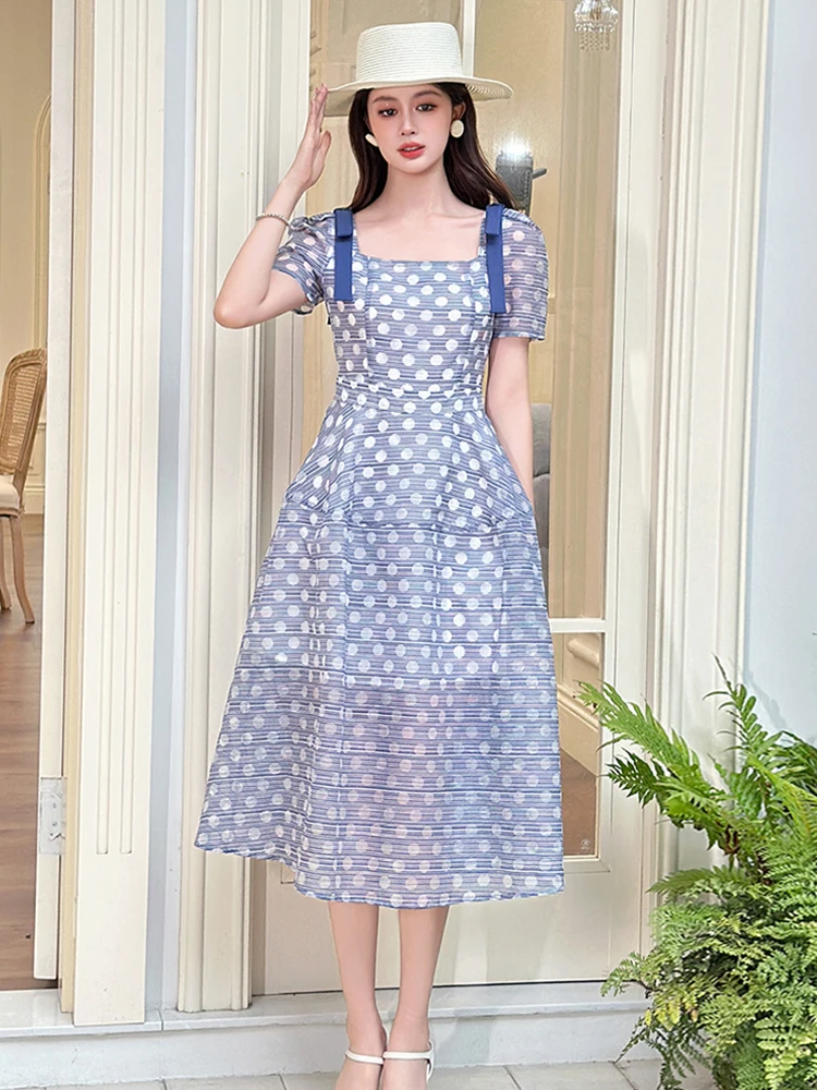 신상 여성 블루 물방울 무늬 원피스 리본 스퀘어넥 슬림 맥시 드레스 우아한 정장 파티 칵테일 비치 레트로 여성복