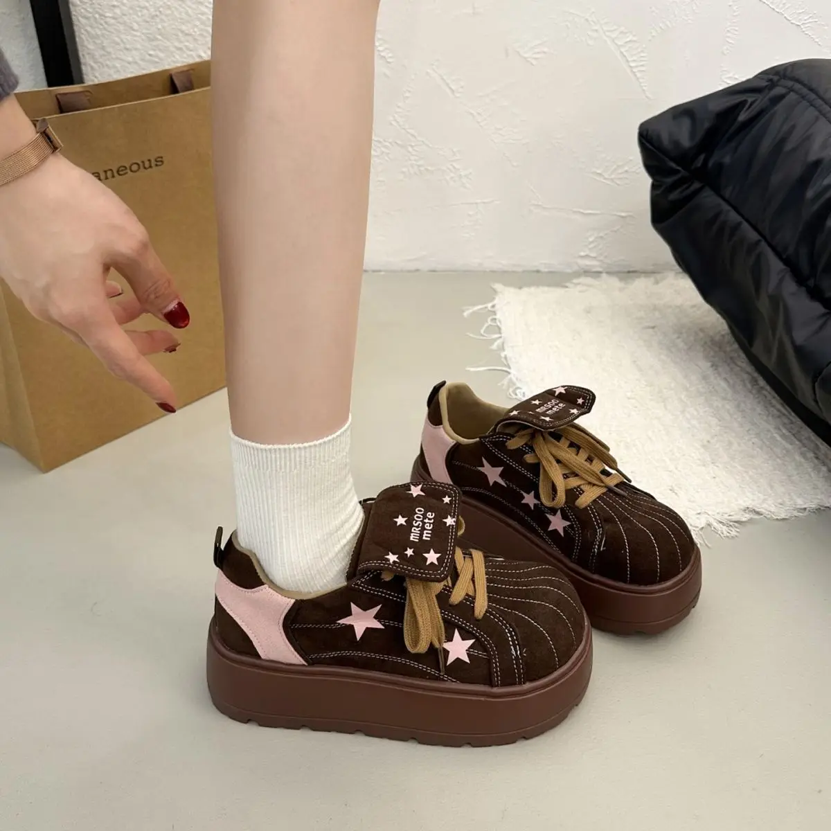 

Women's Star Print Sneakers Winter Fleece Lined Athletic Shell Shoes Thick Heel Casual Running Platform Chunky Y2K Style Shoes