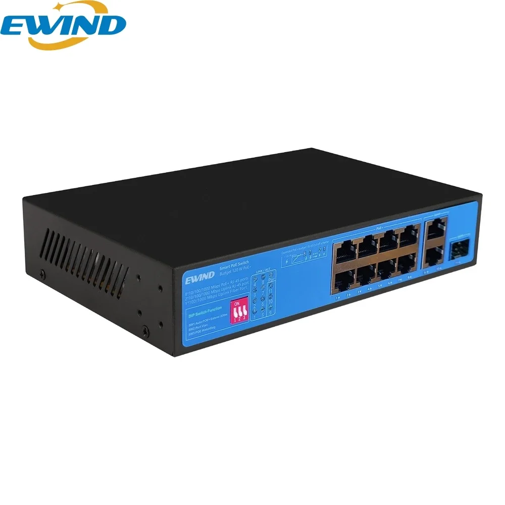 Ewind POE สวิตช์10พอร์ต2พอร์ต RJ45อัปลิงค์เครือข่ายอีเทอร์เน็ต10/100/1000Mbps เราเตอร์อินเตอร์เน็ตกิกะบิตพร้อมสวิตช์รหัสหน้าปัด