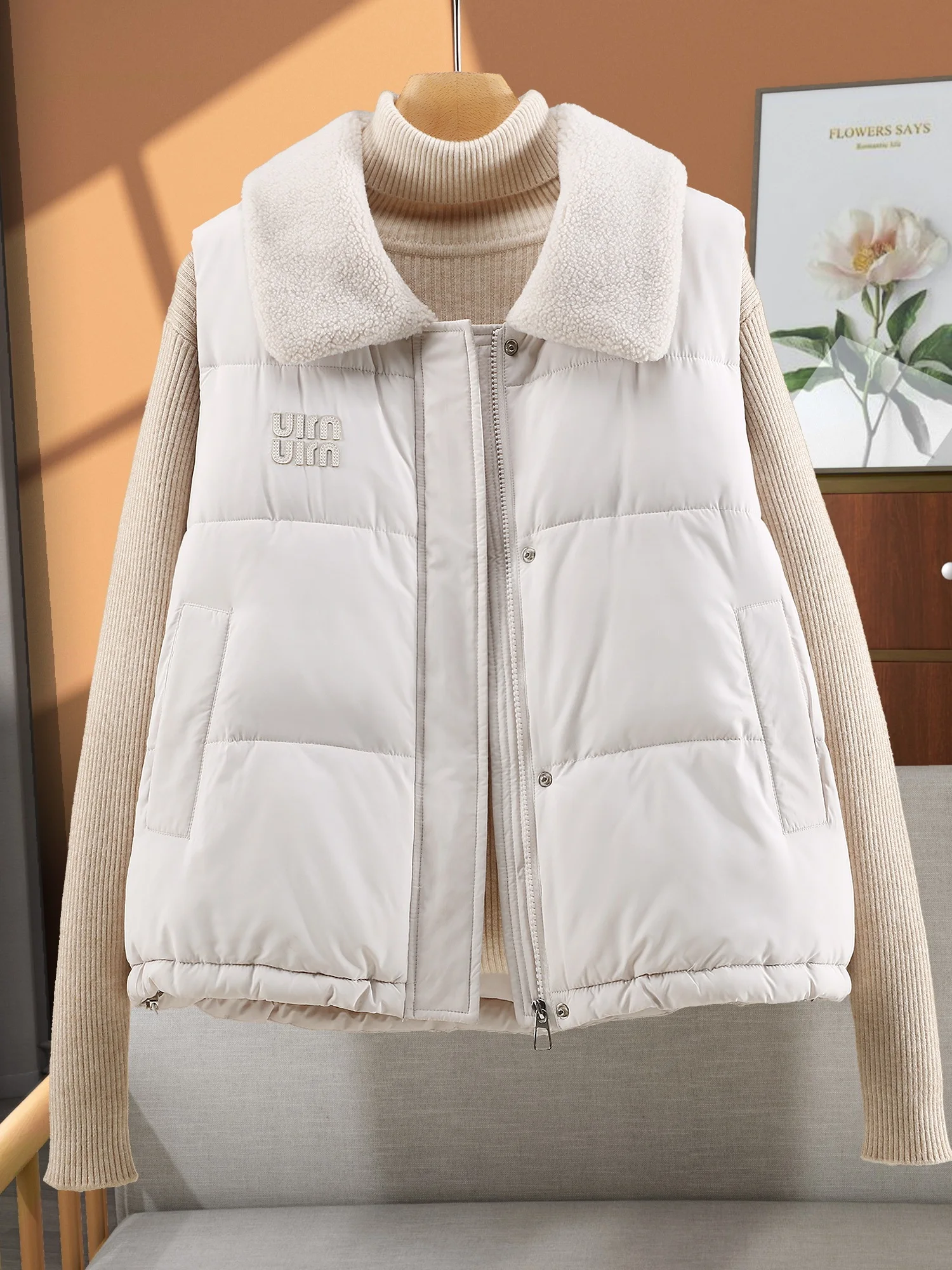 

Women's ort Cotton Vest 2025 Autumn Winter New Sle Thiened Lamb Fur Collar Loose Slimming Svel Cotton Jaet
