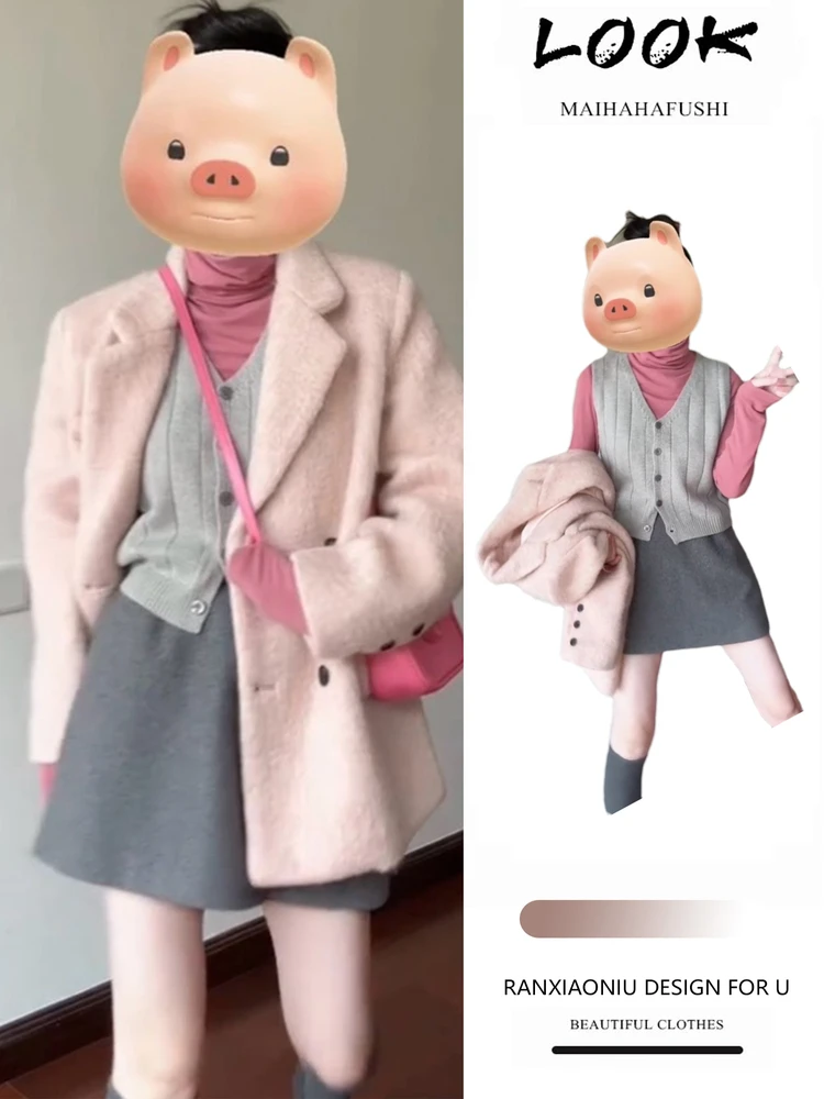 

Мощный женский энергетический костюм из трикотажной шерсти: комплект с высоким воротником и юбкой для женщин, осенне-зимний повседневный стиль...