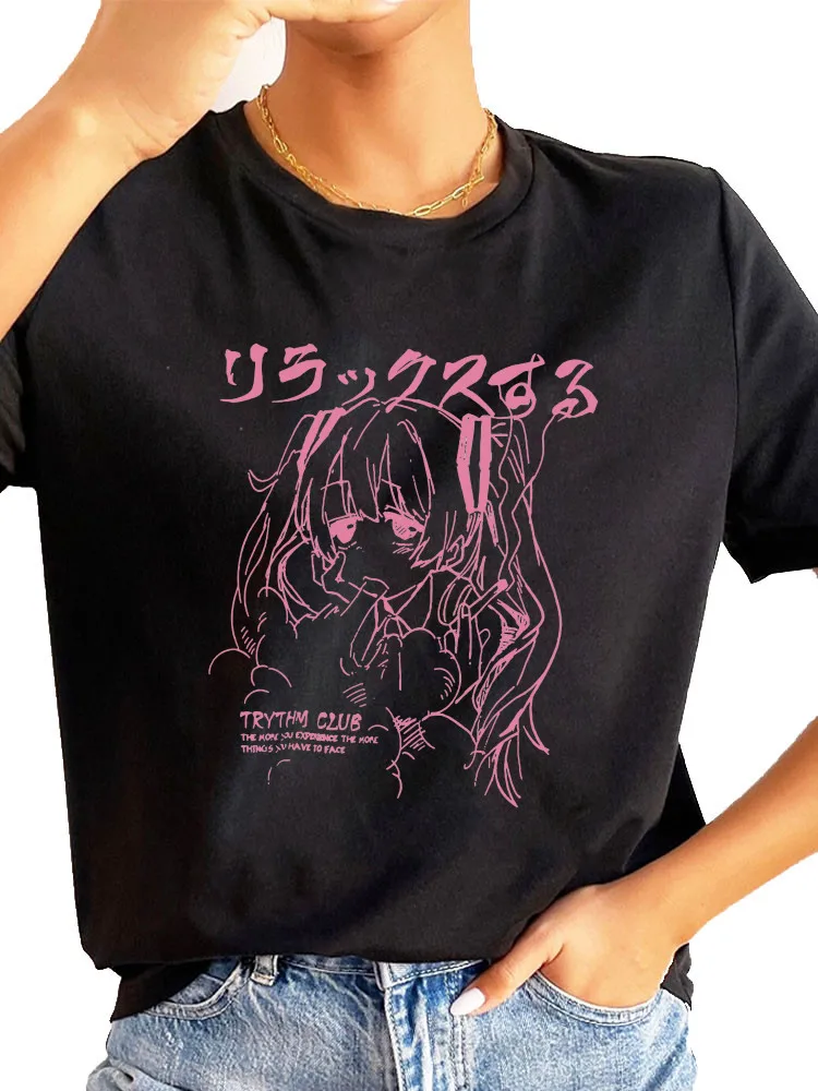 Funny Senpai Anime Girl Nerdy Women T Shirt 2022 Summer Round Neck Y2K Funny Manga Pink Cartoon T-shirt Graphic Streetwear