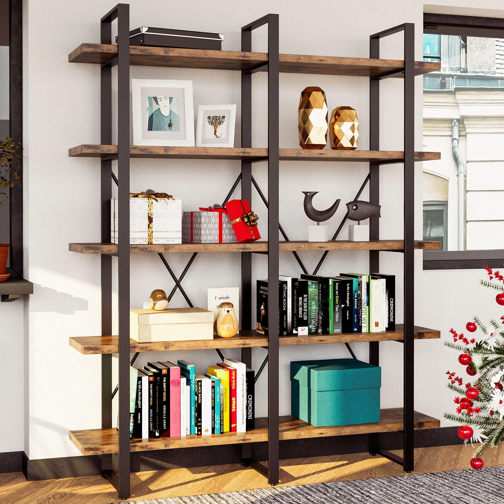 IRONCK Industrial Bookshelf and Bookcase Double Wide 5 Tier, Large Open Shelves, Wood and Metal Bookshelves for Home Office