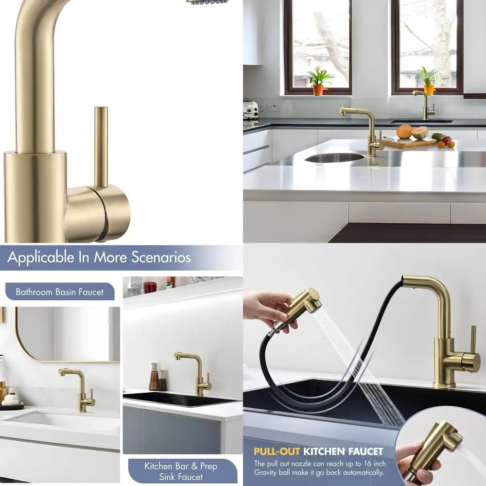 

Brushed Gold Single Handle Kitchen Sink Faucet with Pull-Out Sprayer for Hot and Cold Water