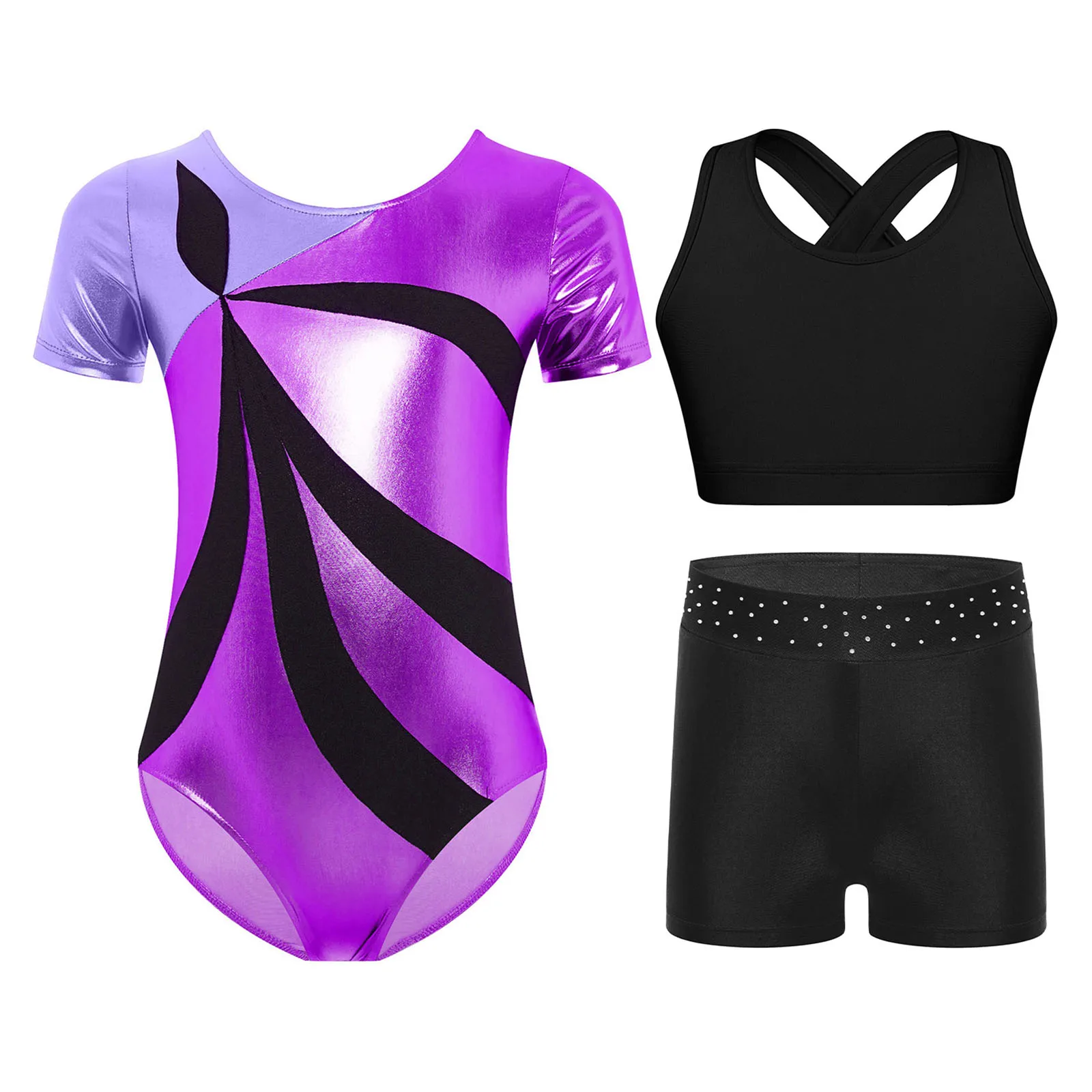

Kids Girl Short Sleeve U Back Color Block Leotard+Cropped Vest+Shorts Outfit for Ballet Gymnastics Figure Ice Skating Dance Wear