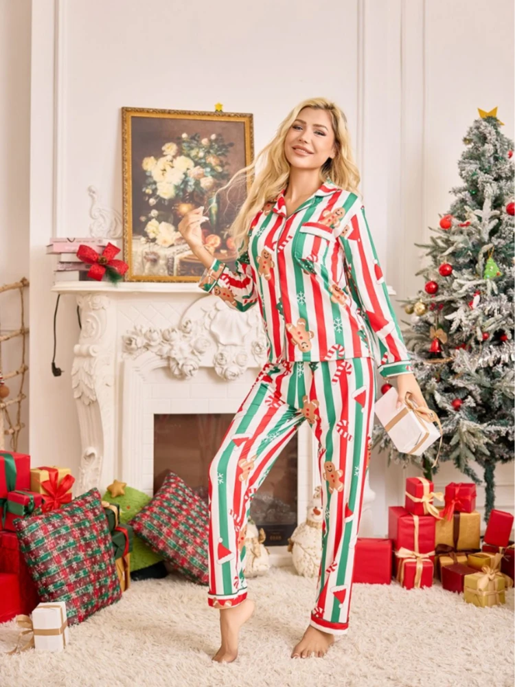 طقم بيجامات عيد الميلاد للسيدات - بنطال بأكمام طويلة مطبوع عليه خبز الزنجبيل، ملابس مريحة للاحتفالات لقضاء عطلة الشتاء #3