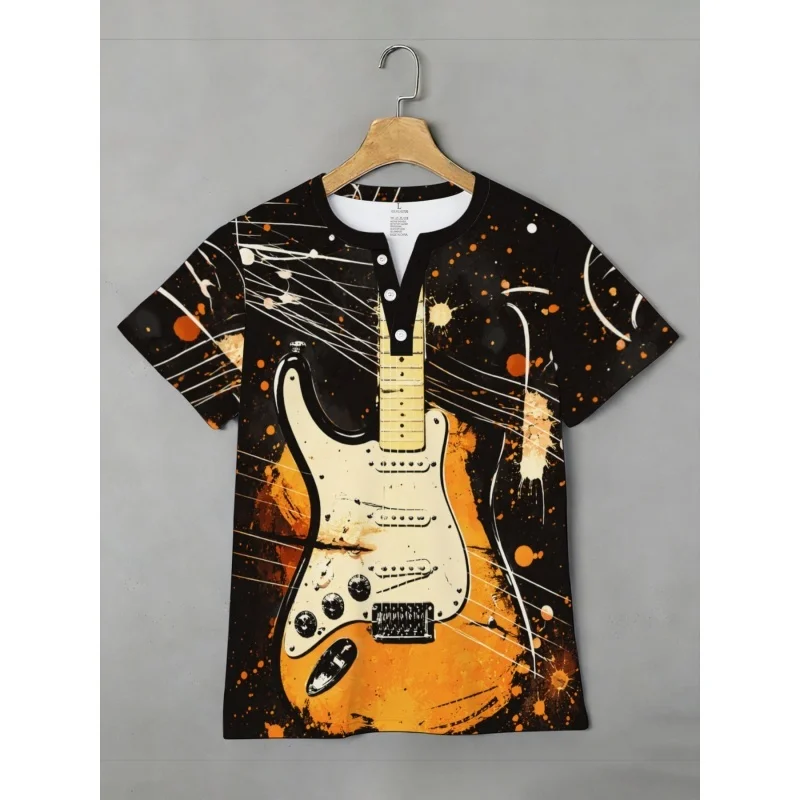

Poker Cat Pattern Grandpa Shirt For Men Guitar 3D Printed T-Shirts Summer Street Tops Short Sleeve Tees Stand Collar Polo Shirts
