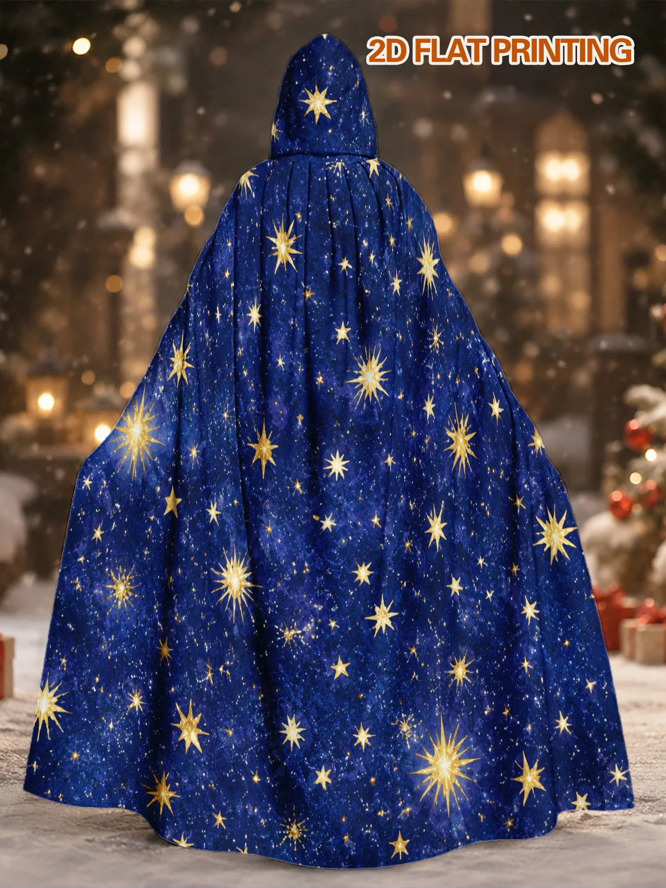1pc, Halloween Wizard Robe and Christmas Elf Cape with Starry Night Sky Elements, Long Polyester Hooded Cloak for Men and Women,