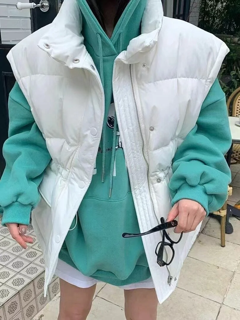 Chic Pure Color Stand Collar Waist Cinching Bread Warm Vest Women's Winter Waist Cinching Cotton Jacket Trendy Korean Style