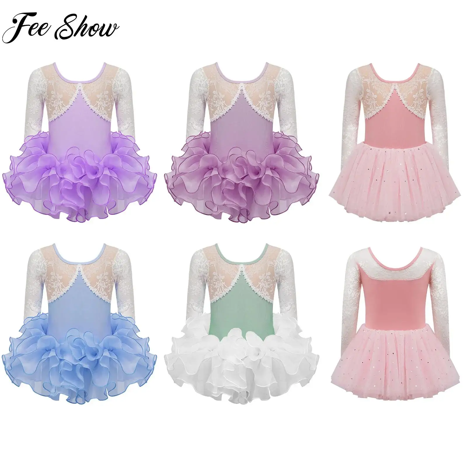 

New Girls Ballet Dance Performance Outfit Kids Party Dresses Long Sleeve Leotard And Layered Skirt for Performance Competition