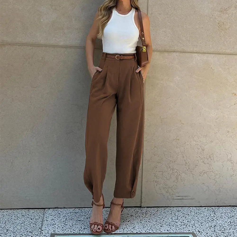 

Women Suit Pants High Waist Buttons Zipper Fly Loose-Fit Solid Color Trousers With Pockets Commuting Style Long Pants