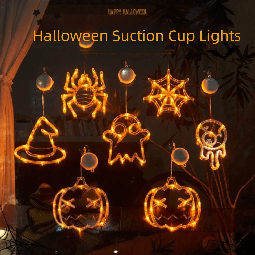 LED Powered Halloween Suction Cup Light Suction Cup Mount Orange Color Pumpkin Decoration Light Hanging Design Glowing Effect