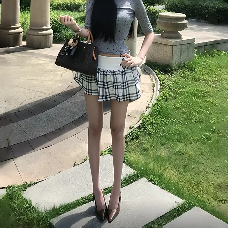 PBAP Woman Elastic Waist Plaid Uniform Skirt Kawaii Vintage Double Breasted A-line Mini Skirt Office Versatile Summer Clothes