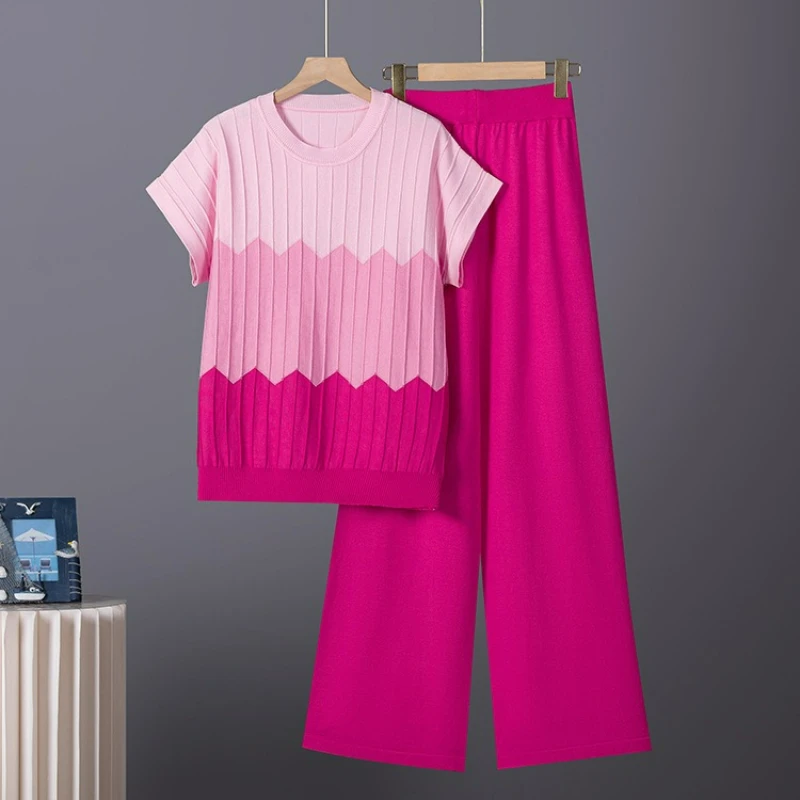 

High-waisted Wide-leg Long Pants Set for Women Spring 2026 New Fashion Gradient Loose Round-neck Sleeveless Knitted Sweater