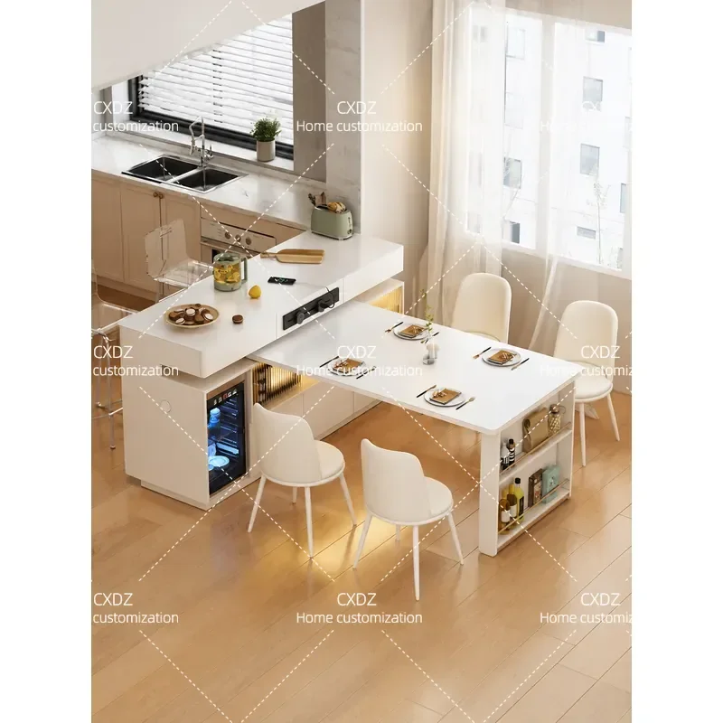 Cream Style Rotating Dining Table with Integrated Side Cabinet Retractable Bar Table for Small Apartment Kitchen Space Saving