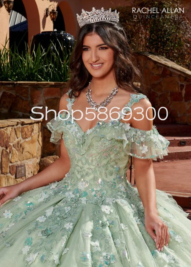 Personalizado hortelã verde glitter tule princesa quinceanera vestidos fora do ombro borboleta floral rendas baile de formatura vestido de 15 verde