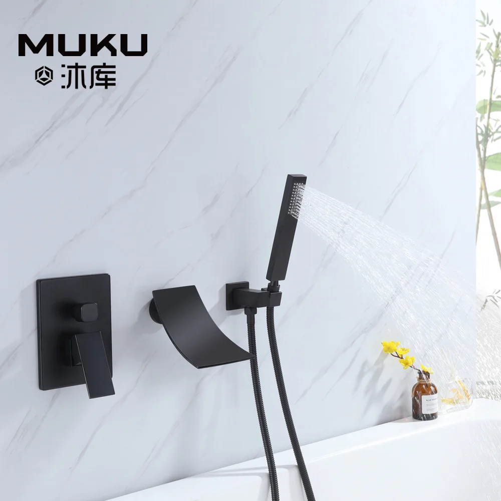 

Black Wall Mounted Bathroom Bathtub Faucet Brass Brushed Gold Concealed Cylinder Side Waterfall Tub mixer Shower Head Set