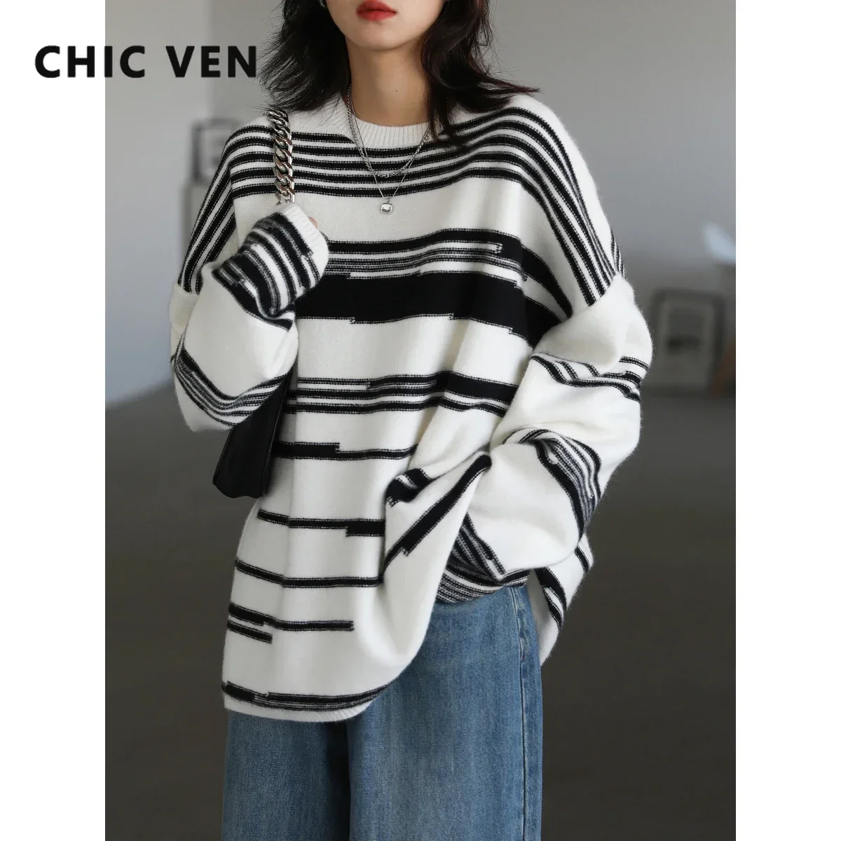 CHIC VEN Women Sweaters Streetwear Casual Loose Pullover Stripe Women\'s Jumpers Thick Warm Female Tops Autumn Winter 2023