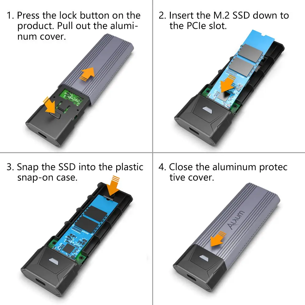 Imagem -05 - Gabinete Ssd Nvme Pcie 10gbps Sata M.2 Case Usb Portátil c 3.1 Ferramenta Gen2 Adaptador Externo Livre com Dissipador de Metal Alxum-m2
