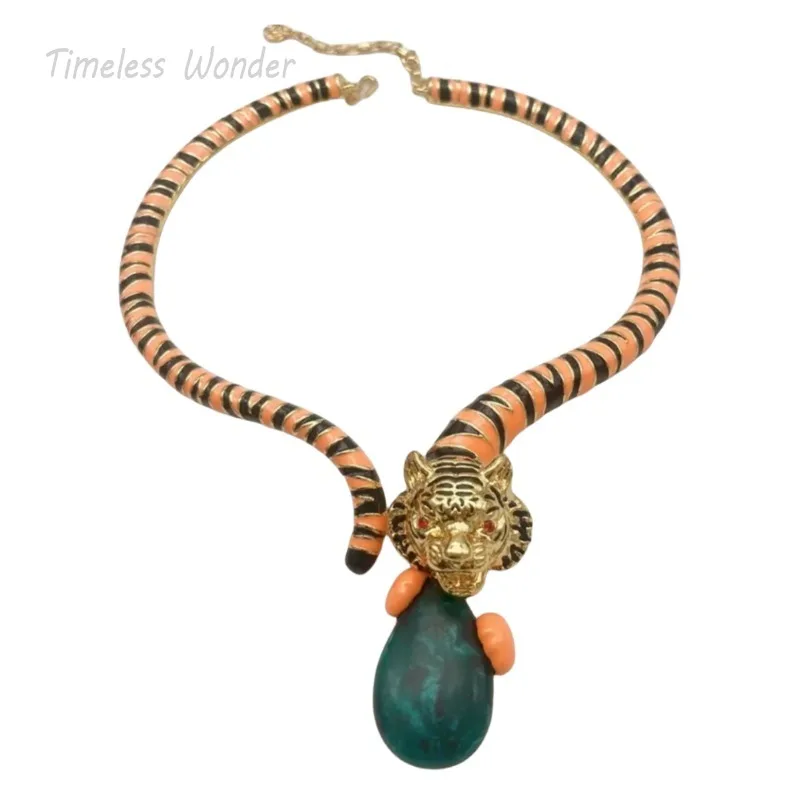 

Timeless Wonder Retro Enamel Geo Stone Tiger Necklaces for Women Designer Jewelry Goth Runway Rare Top Punk Fancy Gift 4526