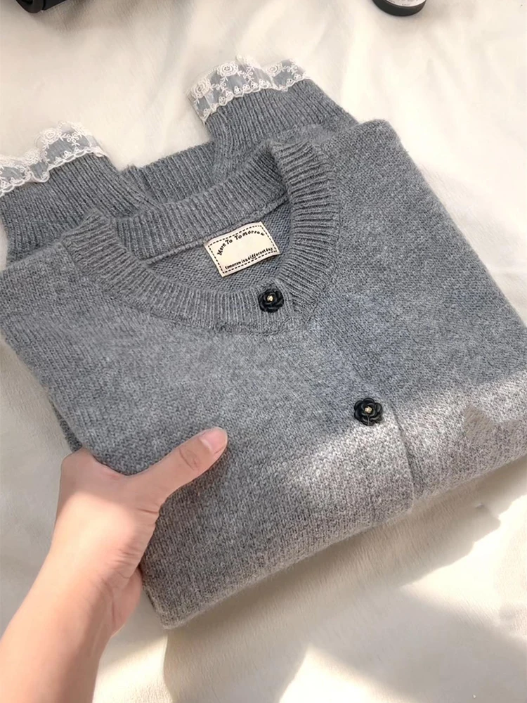 Faionable Gespleißt Spitze Trim Stricken Pullover frauen Herbst Neue Sle Abnehmen Strickjacke Top Casual Sle V-Ne Lange Sve