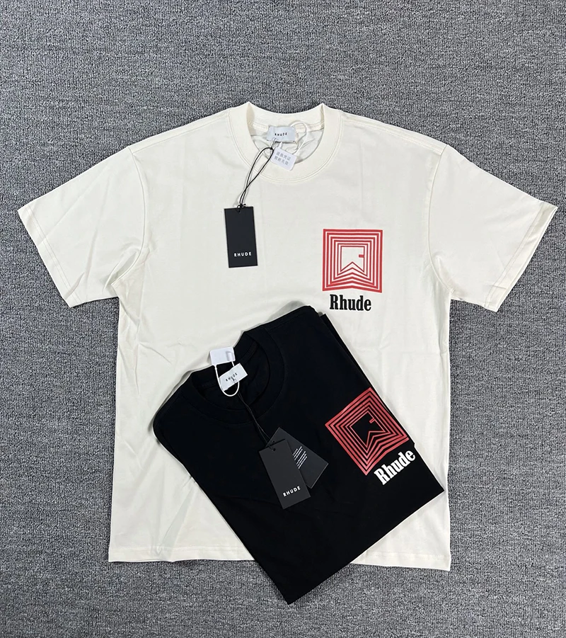 2026 Hot New RHUDE Black Men's T-Shirt Loose Casual Red Geometric Print Short Sleeve Top