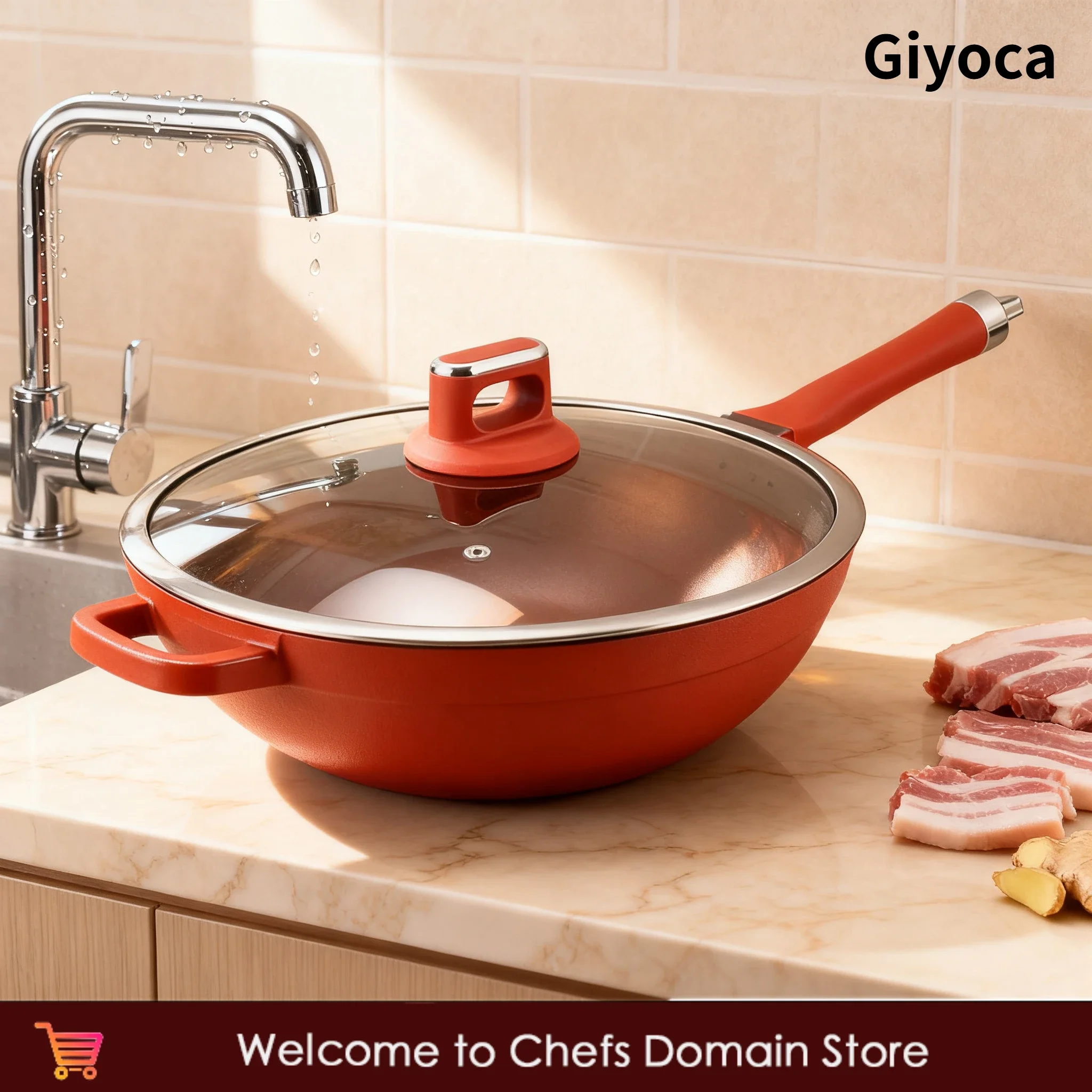 

Giyoca Non-Stick Wok Titanium Coating Frying Pan Die-casting Integrated Flat Bottom Pan with Glass Lid Household Profession Pot
