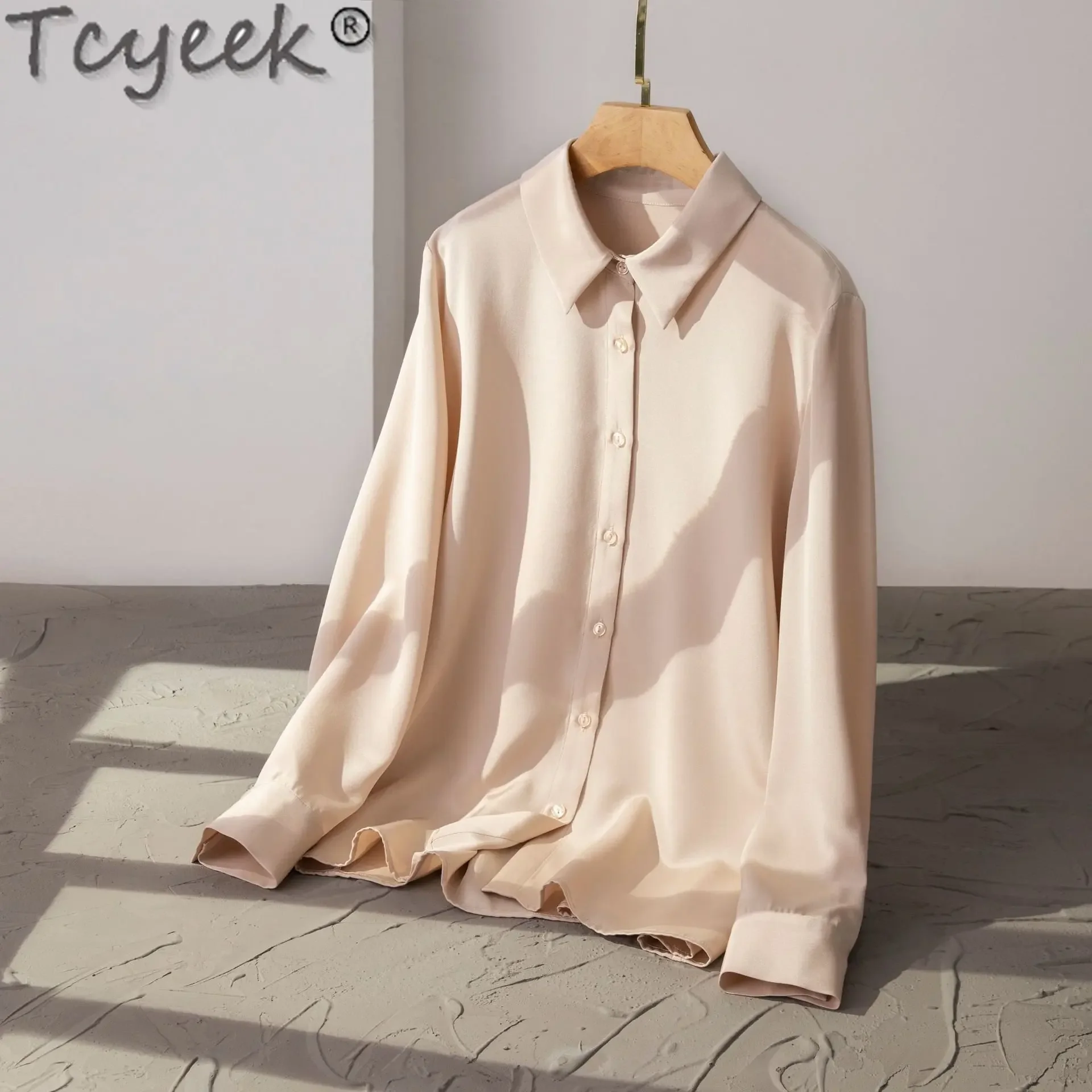 

Tcyeek Women's Elegant Blouses Spring Fall 93% Mulberry Silk Shirt Fashion Shirts for Women Clothing Office Lady Top рубашка LM