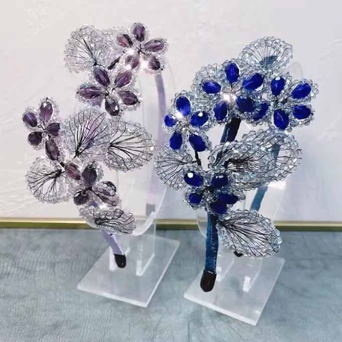 

Korean Luxury Handmade Crystal Copper Wire Braided Side Flower Headband - Women's Fashion Original Design Hair Accessory