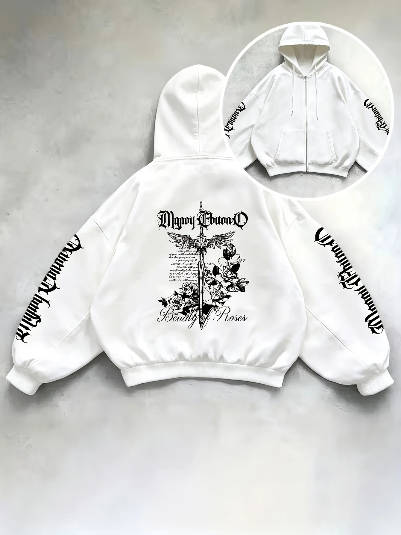 Autumn and Winter Trendy Zipper Hoodie Coat, Sword Rose Gothic Font Printed American High Street Versatile