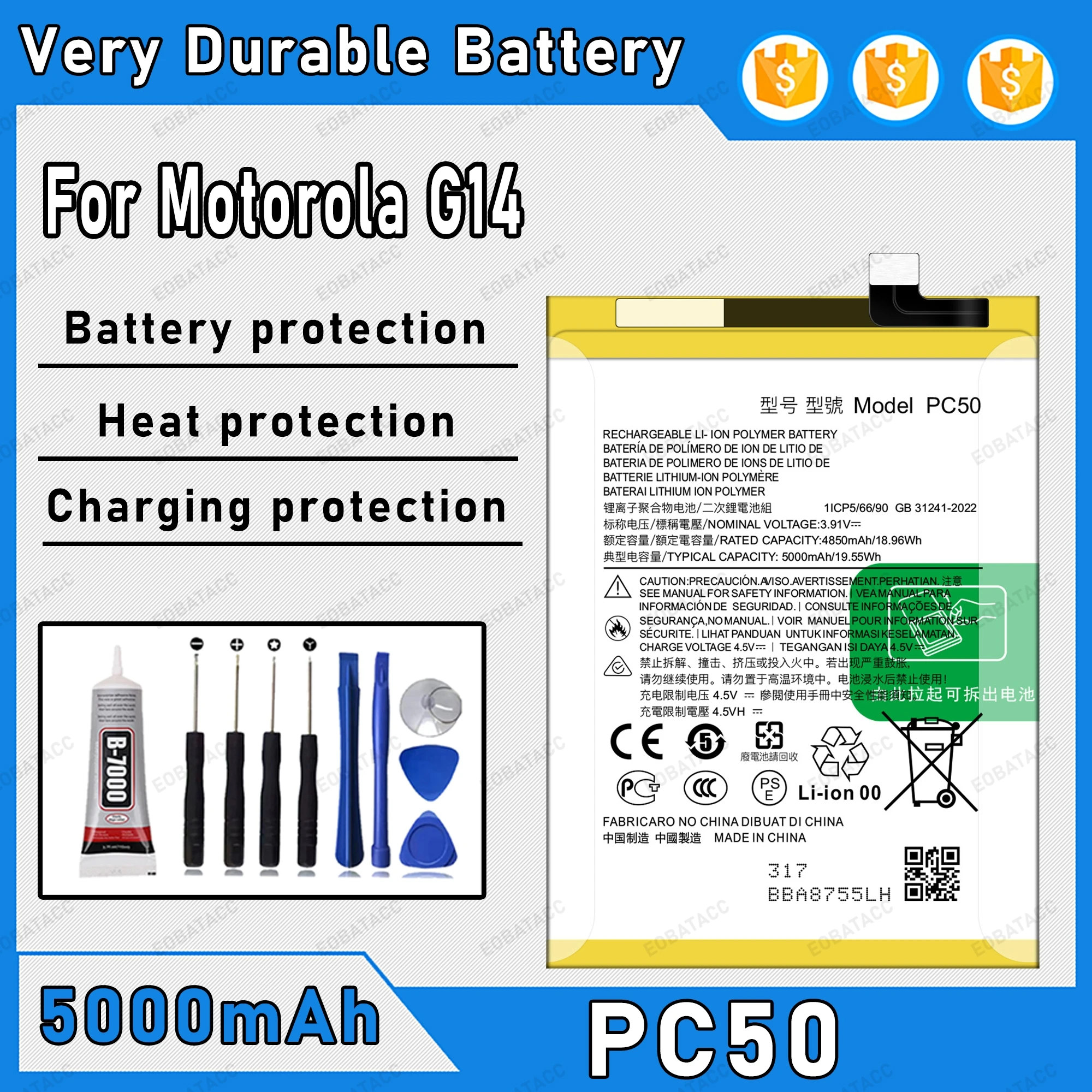 

5000mAh 100% New PC50 Battery For Motorola MOTO G14 Replacement Bateria+Free Tools