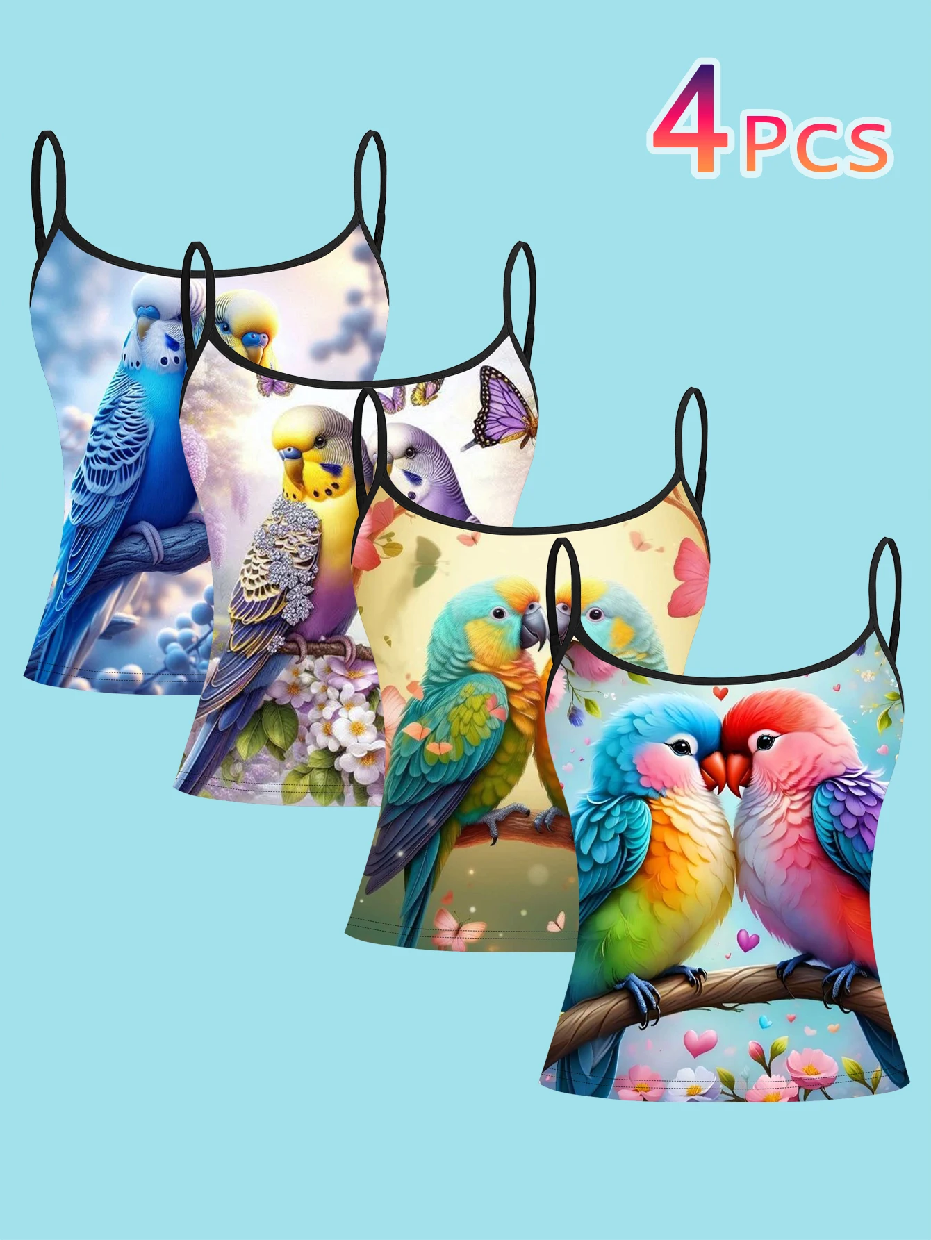 4-Piece Set of Dreamy Floral and Bird-Themed Parrot Suspenders Set, Colorful Butterfly and Flower Couple Bird Print, Women's Spaghetti Strap Inner Wear Base Shirt
