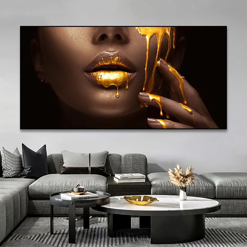 

African Women Sexy Lips Canvas Painting Posters and Prints Golden Liquid Lips Wall Art Pictures for Living Room Home Decoration