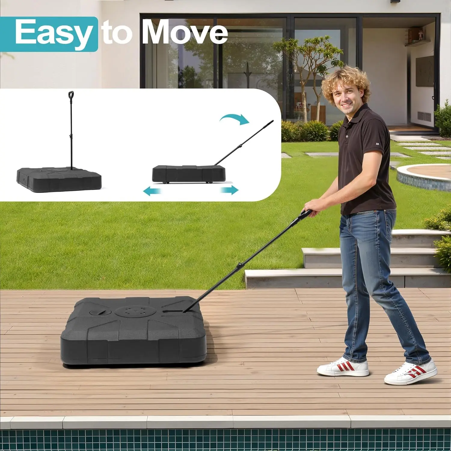 Alas Payung Cantilever dengan Roda, Penyangga Payung Patio Offset 300 lbs, Alas Payung Berbobot Isi Air & Pasir, Hitam·Baru