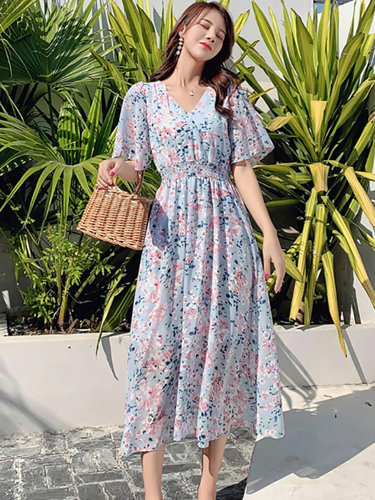 

Summer Floral Chiffon Butterfly Sleeve V-Neck Midi Dress 2025 New Elegant Casual Holiday Dress Women Korean Fashion Party Dress