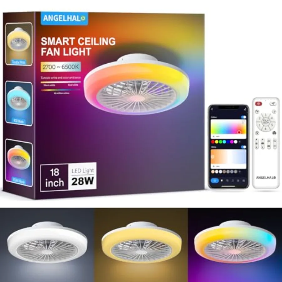 

Bladeless Ceiling Fan with Light, 18 Inch Low Profile RGB Ceiling Fan with 2800 Lumens, Flush Mount Small Ceiling Fan for 6 Spe